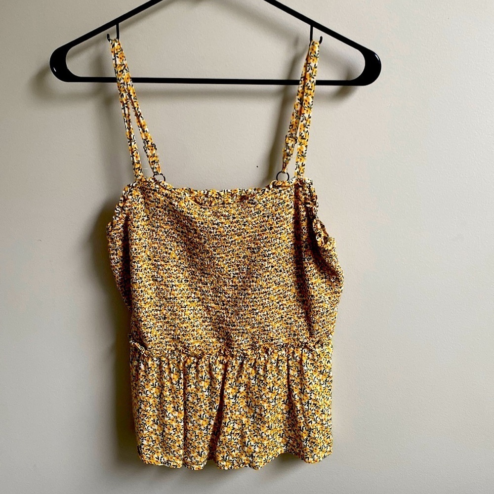Yellow Floral Smocked Peplum Tank Top - Women